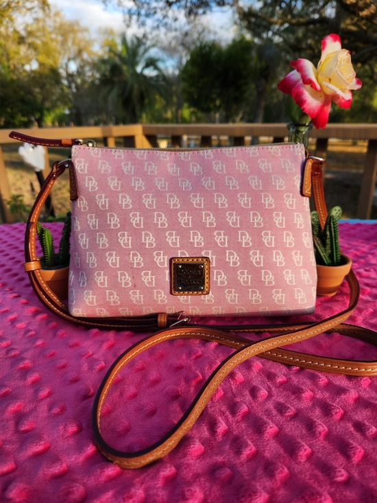 Dooney & Bourke Handbags - Dooney & Bourke Pink & White Canvus Logo Crossbody With Tan Leather Trim  EUC